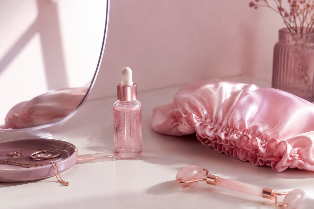 Femme appliquant un sérum à l’acide hyaluronique dans une routine beauté Nusika rose et lumineuse