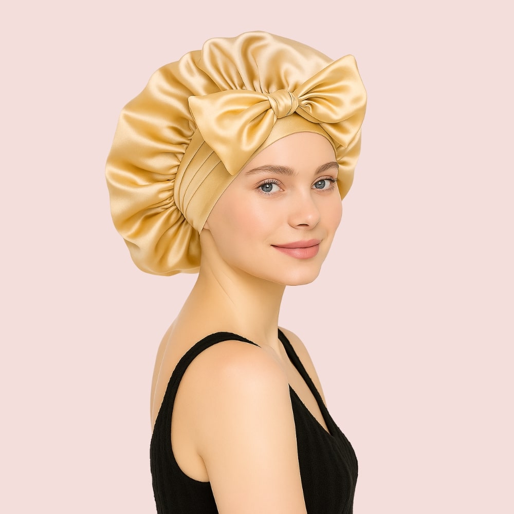 Femme portant le bonnet en satin beige doré Nusika, vue de profil
