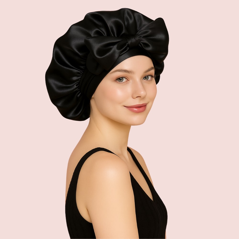 Femme portant le bonnet en satin noir Nusika, vue de profil
