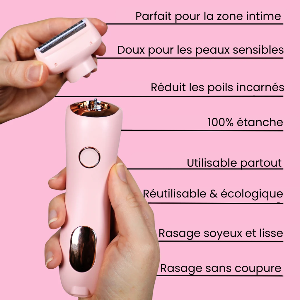 Rasoir électrique rose Nusika avec ses accessoires et ses principales caractéristiques
