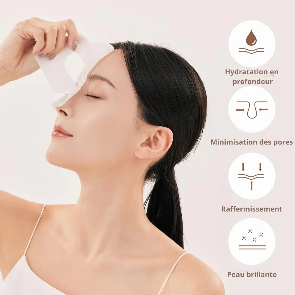 Femme utilisant le masque au collagène Nusika avec pictogrammes de ses caractéristiques
