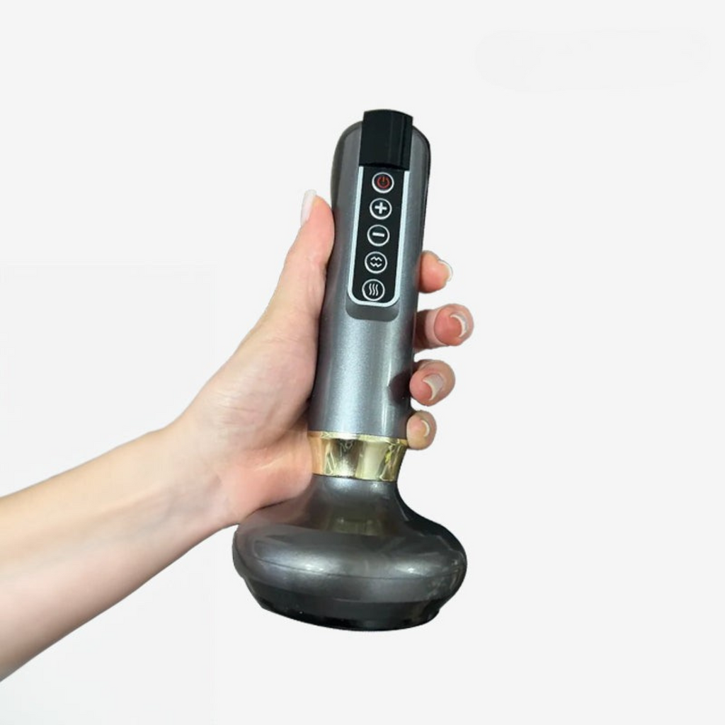 Masseur électrique Dermaluxe Nusika présenté avec son support de rangement