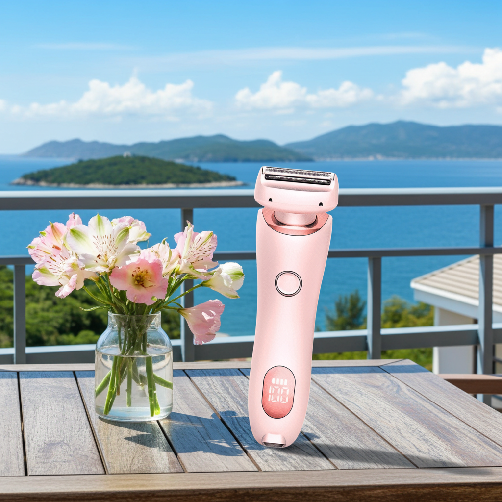 Rasoir électrique femme rose Nusika posé sur une table en extérieur