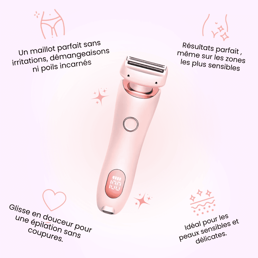 Rasoir électrique femme Nusika pour le visage et le corps, présenté sur fond rose
